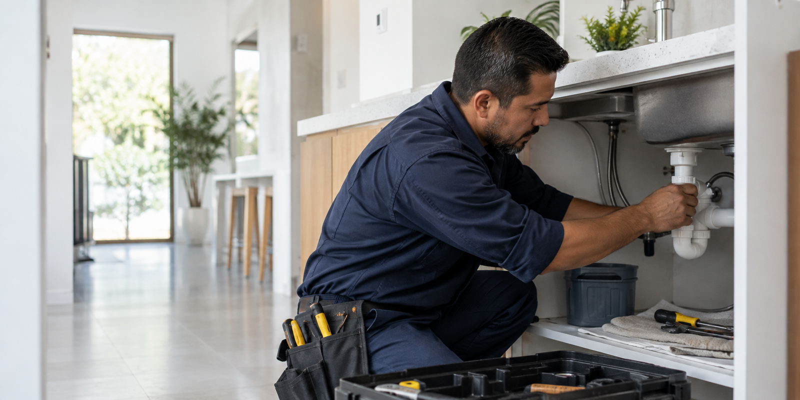 Técnico realizando una reparación de plomería en una cocina